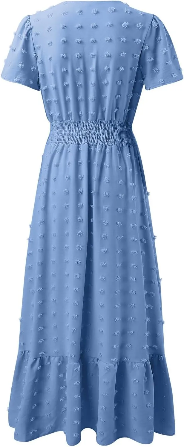 Ollysqiar Dresses Women's 2023 Floral Summer Dress Wrap V Neck Short Sleeve Belted Ruffle Hem A-Line Bohemian Dresses A02 2