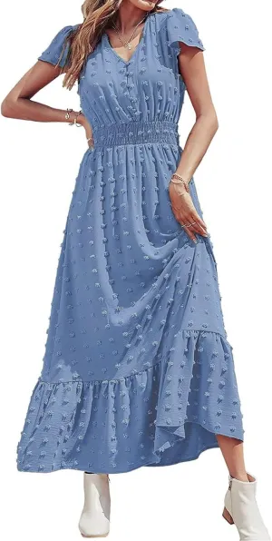 Ollysqiar Dresses Women's 2023 Floral Summer Dress Wrap V Neck Short Sleeve Belted Ruffle Hem A-Line Bohemian Dresses A02 2