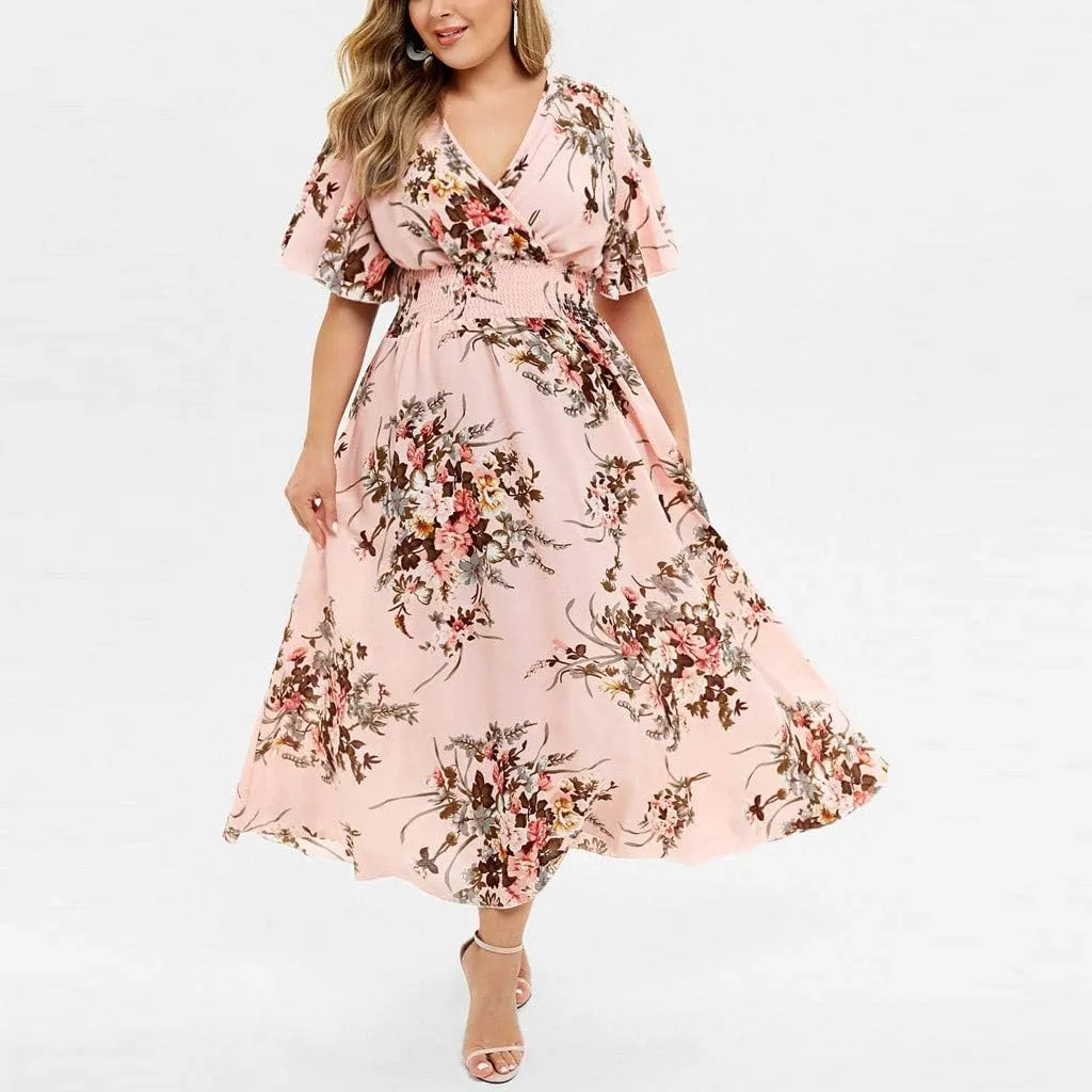 Ollysqiar Dresses Women's 2023 Floral Summer Dress Wrap V Neck Short Sleeve Belted Ruffle Hem A-Line Bohemian Dresses A02 2