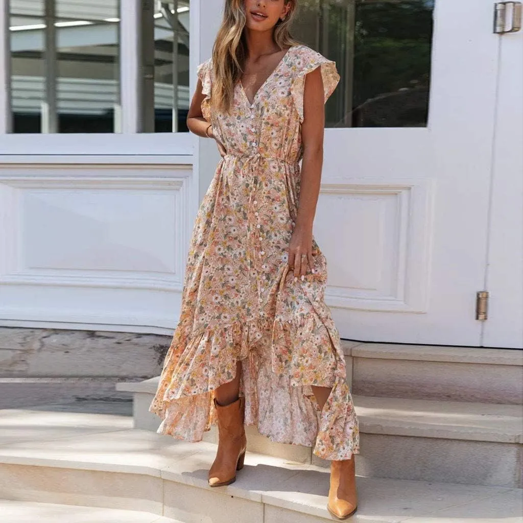 Ollysqiar Dresses Women's 2023 Floral Summer Dress Wrap V Neck Short Sleeve Belted Ruffle Hem A-Line Bohemian Dresses A02 96
