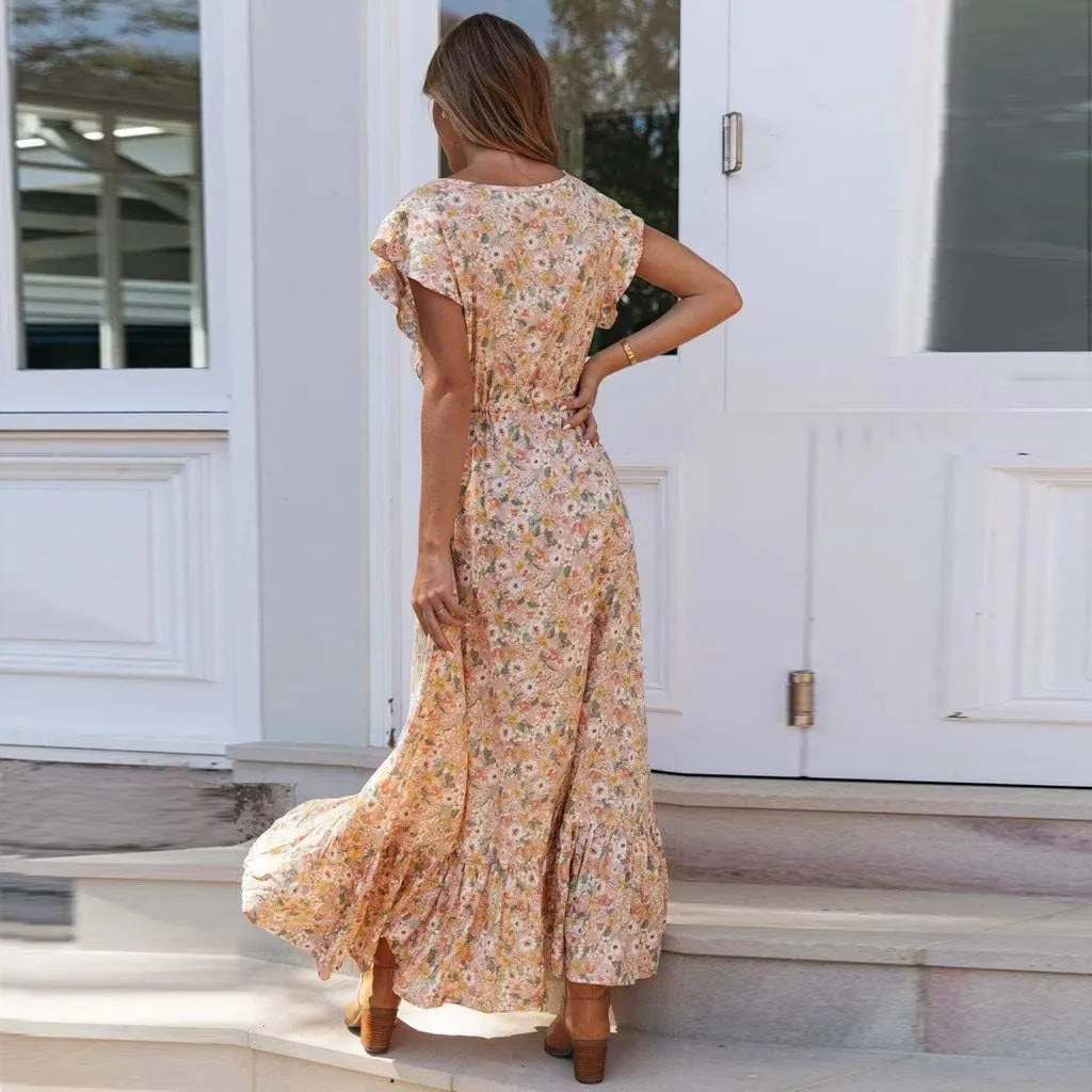 Ollysqiar Dresses Women's 2023 Floral Summer Dress Wrap V Neck Short Sleeve Belted Ruffle Hem A-Line Bohemian Dresses A02 96