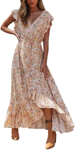 Ollysqiar Dresses Women's 2023 Floral Summer Dress Wrap V Neck Short Sleeve Belted Ruffle Hem A-Line Bohemian Dresses A02 96