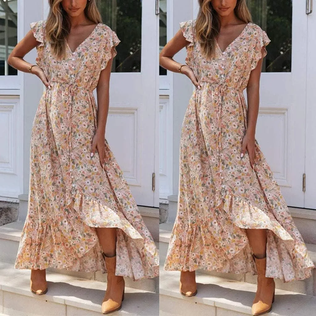 Ollysqiar Dresses Women's 2023 Floral Summer Dress Wrap V Neck Short Sleeve Belted Ruffle Hem A-Line Bohemian Dresses A02 96
