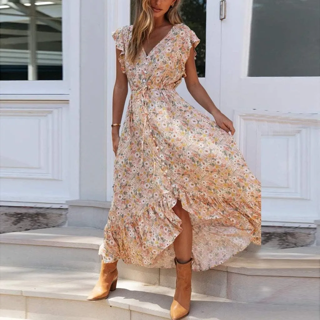 Ollysqiar Dresses Women's 2023 Floral Summer Dress Wrap V Neck Short Sleeve Belted Ruffle Hem A-Line Bohemian Dresses A02 96
