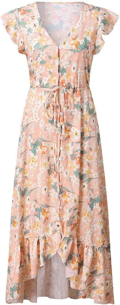 Ollysqiar Dresses Women's 2023 Floral Summer Dress Wrap V Neck Short Sleeve Belted Ruffle Hem A-Line Bohemian Dresses A02 96