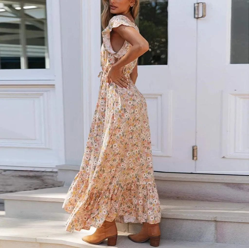 Ollysqiar Dresses Women's 2023 Floral Summer Dress Wrap V Neck Short Sleeve Belted Ruffle Hem A-Line Bohemian Dresses A02 96