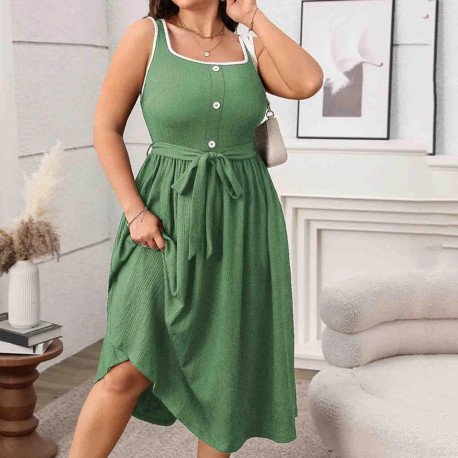 Oplxuo Womens Plus Size Sundress Sleeveless Square Neck Button Color Block Summer Midi Dress with Belt