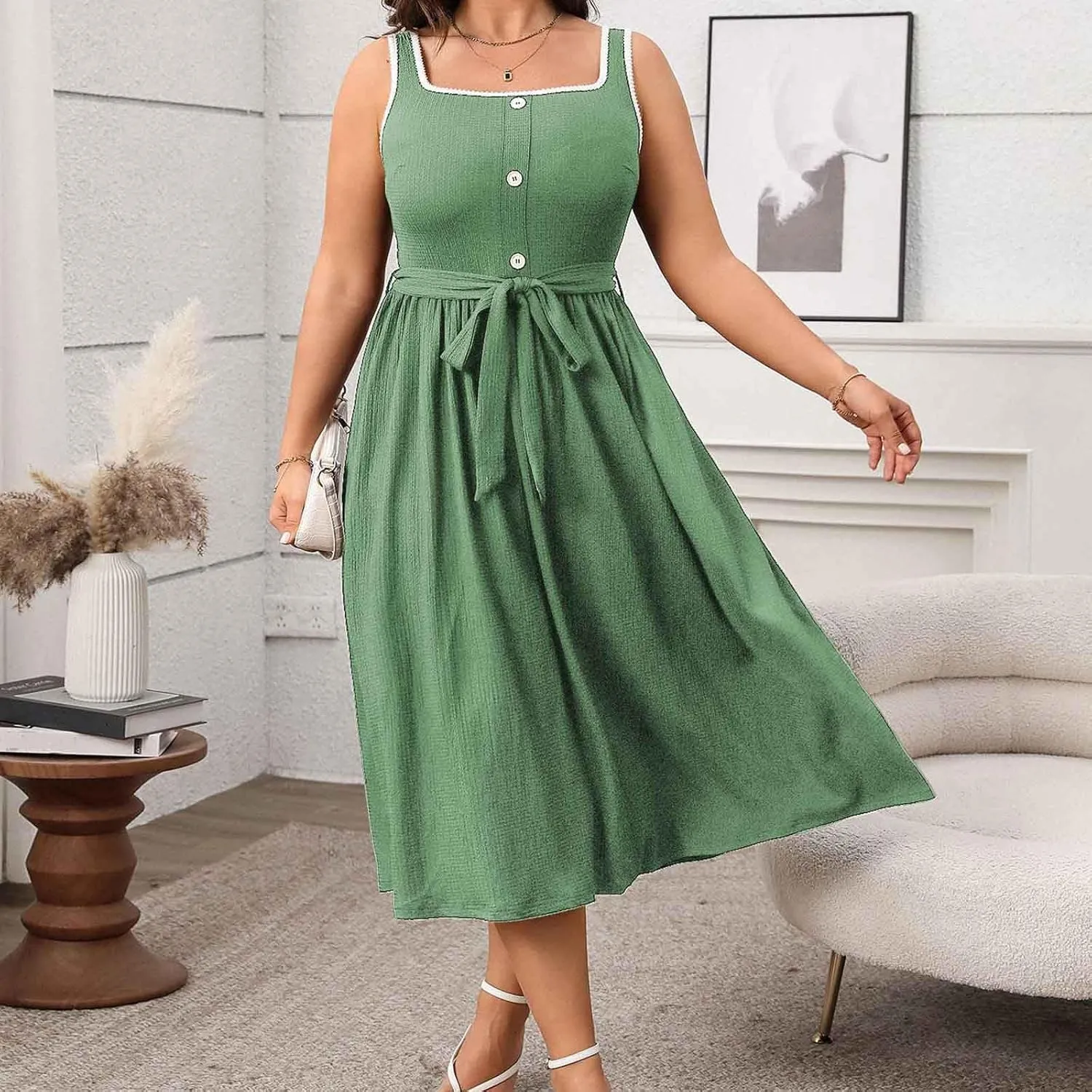 Oplxuo Womens Plus Size Sundress Sleeveless Square Neck Button Color Block Summer Midi Dress with Belt