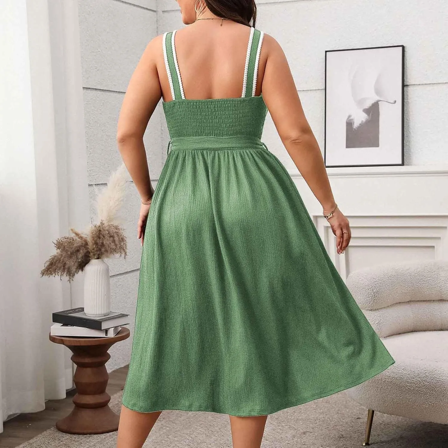 Oplxuo Womens Plus Size Sundress Sleeveless Square Neck Button Color Block Summer Midi Dress with Belt