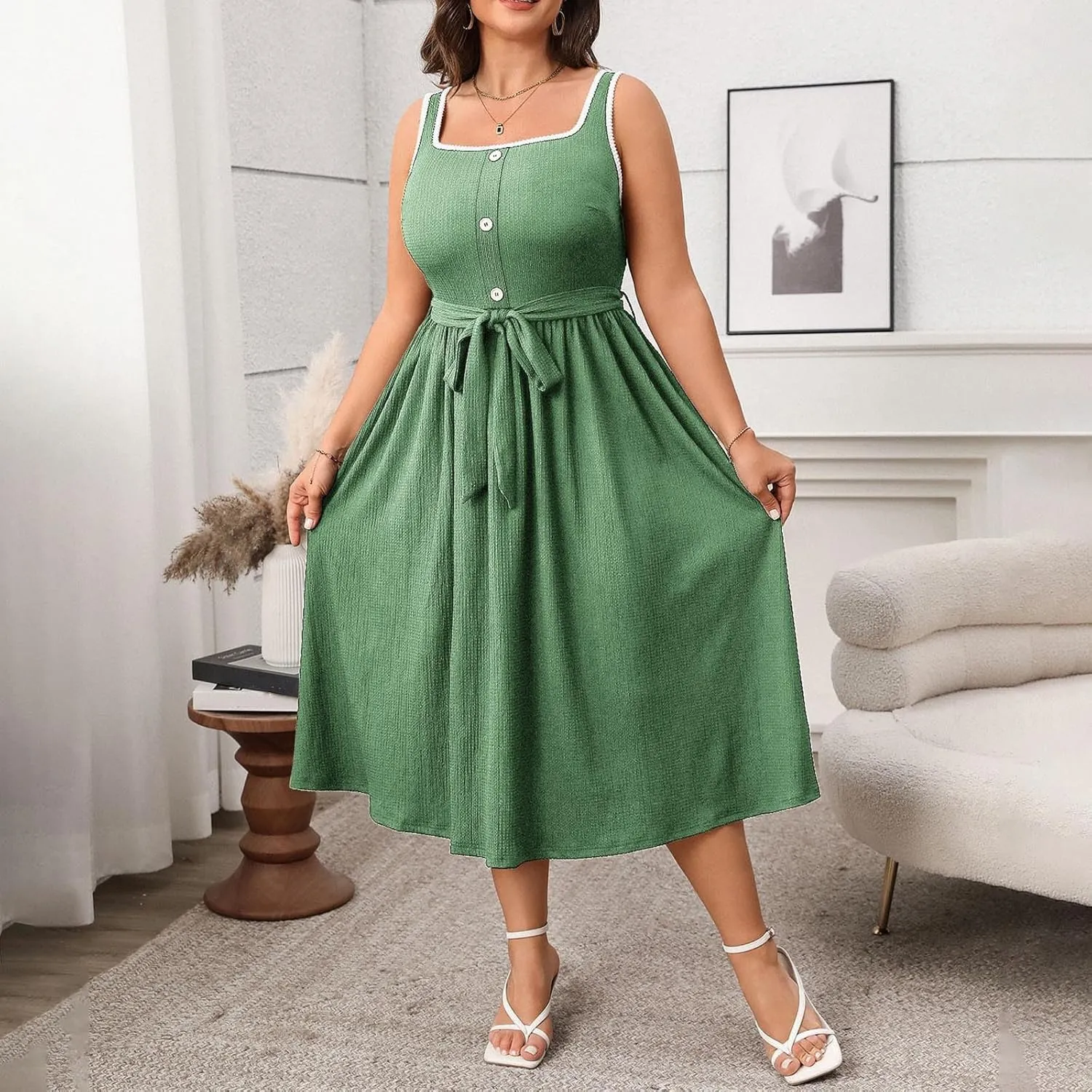 Oplxuo Womens Plus Size Sundress Sleeveless Square Neck Button Color Block Summer Midi Dress with Belt