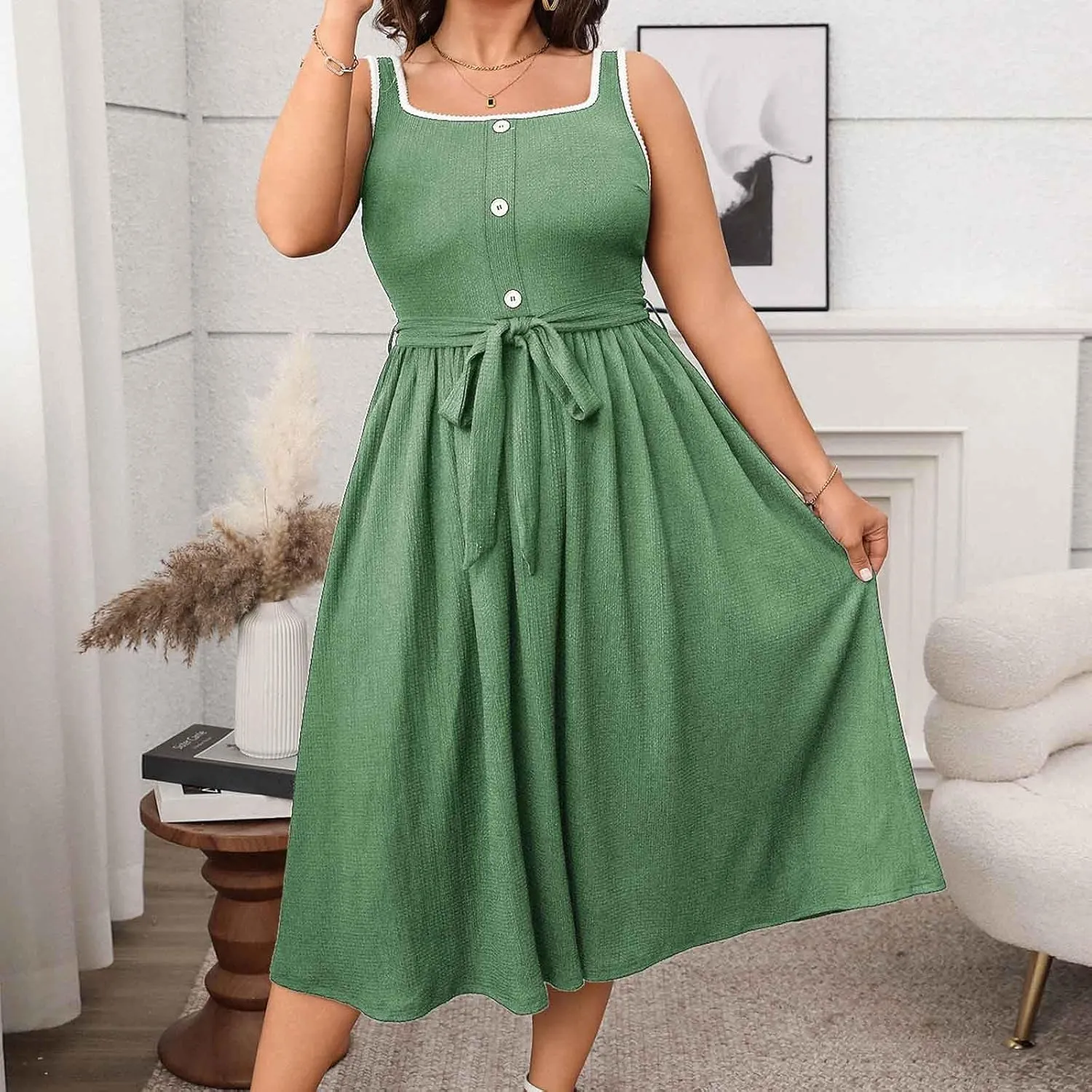 Oplxuo Womens Plus Size Sundress Sleeveless Square Neck Button Color Block Summer Midi Dress with Belt