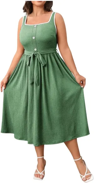 Oplxuo Womens Plus Size Sundress Sleeveless Square Neck Button Color Block Summer Midi Dress with Belt