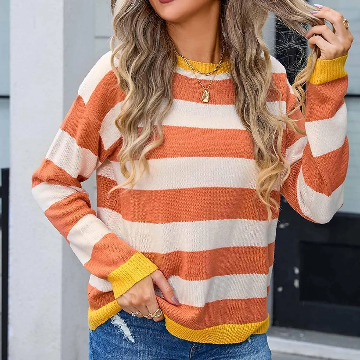 Orange and White Striped Sweater Oversized Sweatshirt Trendy Crewneck Tops Loose Long Sleeve Casual Stylish Pullover