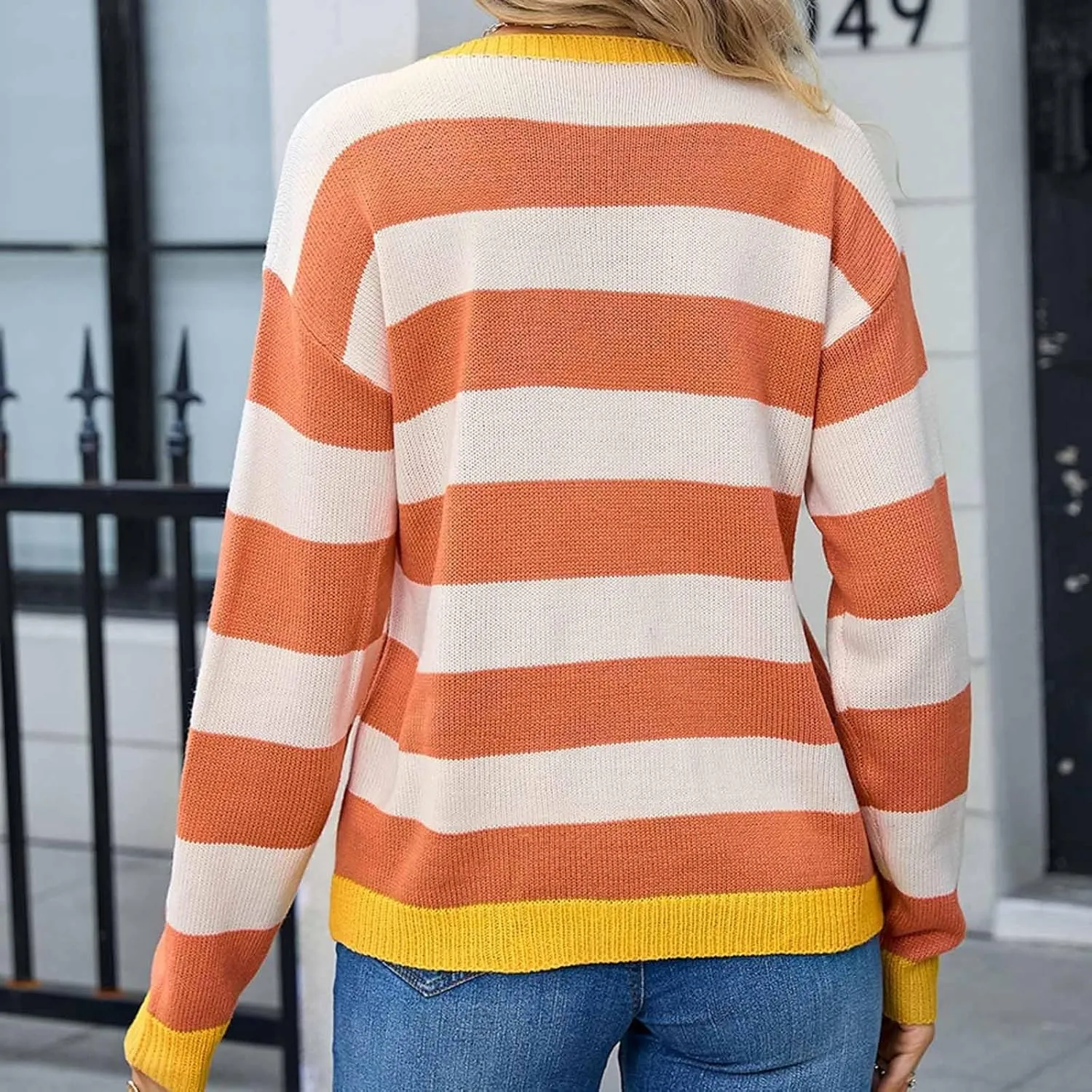 Orange and White Striped Sweater Oversized Sweatshirt Trendy Crewneck Tops Loose Long Sleeve Casual Stylish Pullover