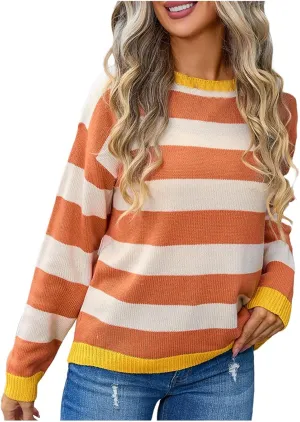 Orange and White Striped Sweater Oversized Sweatshirt Trendy Crewneck Tops Loose Long Sleeve Casual Stylish Pullover