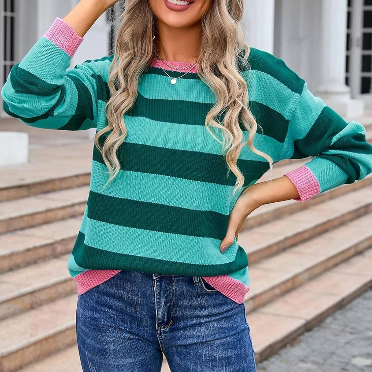 Orange and White Striped Sweater Oversized Sweatshirt Trendy Crewneck Tops Loose Long Sleeve Casual Stylish Pullover