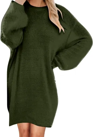 Oversize Plush Midi Dress for Womens Casual Loose Warm Dresses Crew Neck Long Sleeve Solid Color Thick Fleece Dress