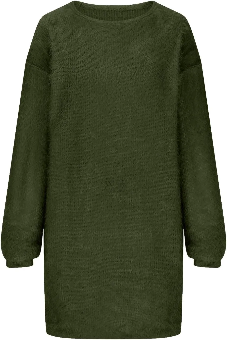 Oversize Plush Midi Dress for Womens Casual Loose Warm Dresses Crew Neck Long Sleeve Solid Color Thick Fleece Dress