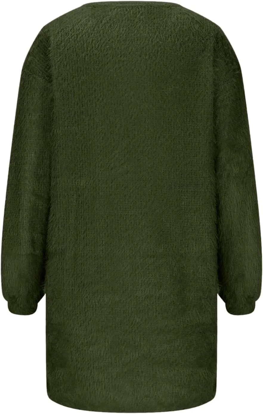 Oversize Plush Midi Dress for Womens Casual Loose Warm Dresses Crew Neck Long Sleeve Solid Color Thick Fleece Dress