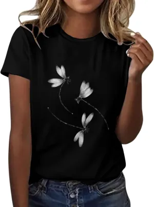 Oversized Graphic Tee Shirts for Women Casual Summer Funny Dragonfly Printed Short Sleeve Loose Crewneck Cute T Shirts Tops
