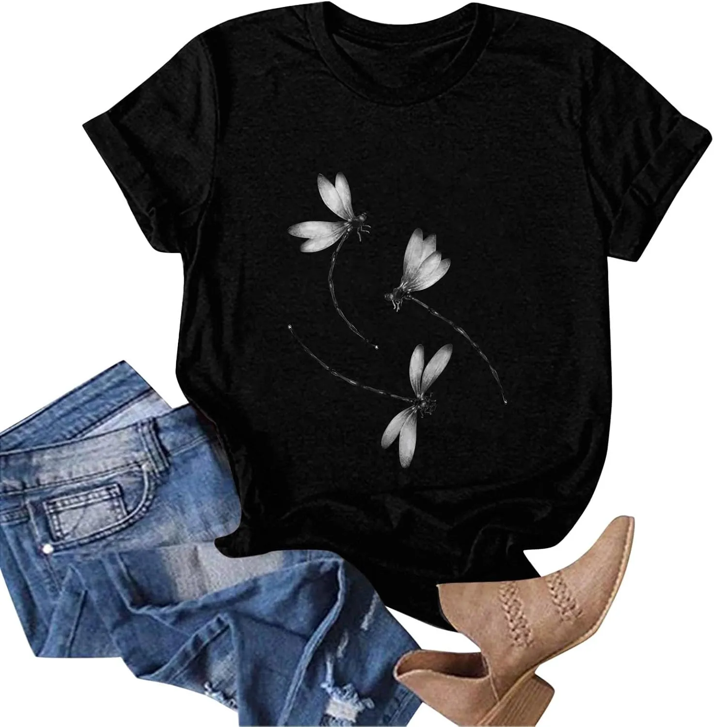 Oversized Graphic Tee Shirts for Women Casual Summer Funny Dragonfly Printed Short Sleeve Loose Crewneck Cute T Shirts Tops