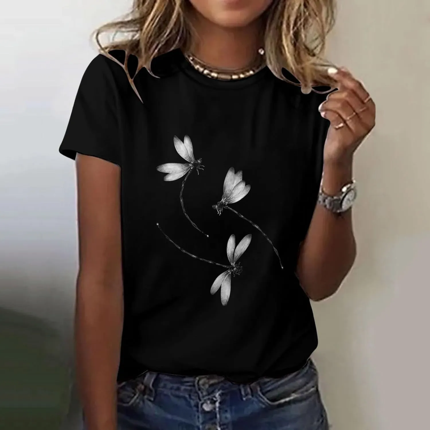 Oversized Graphic Tee Shirts for Women Casual Summer Funny Dragonfly Printed Short Sleeve Loose Crewneck Cute T Shirts Tops