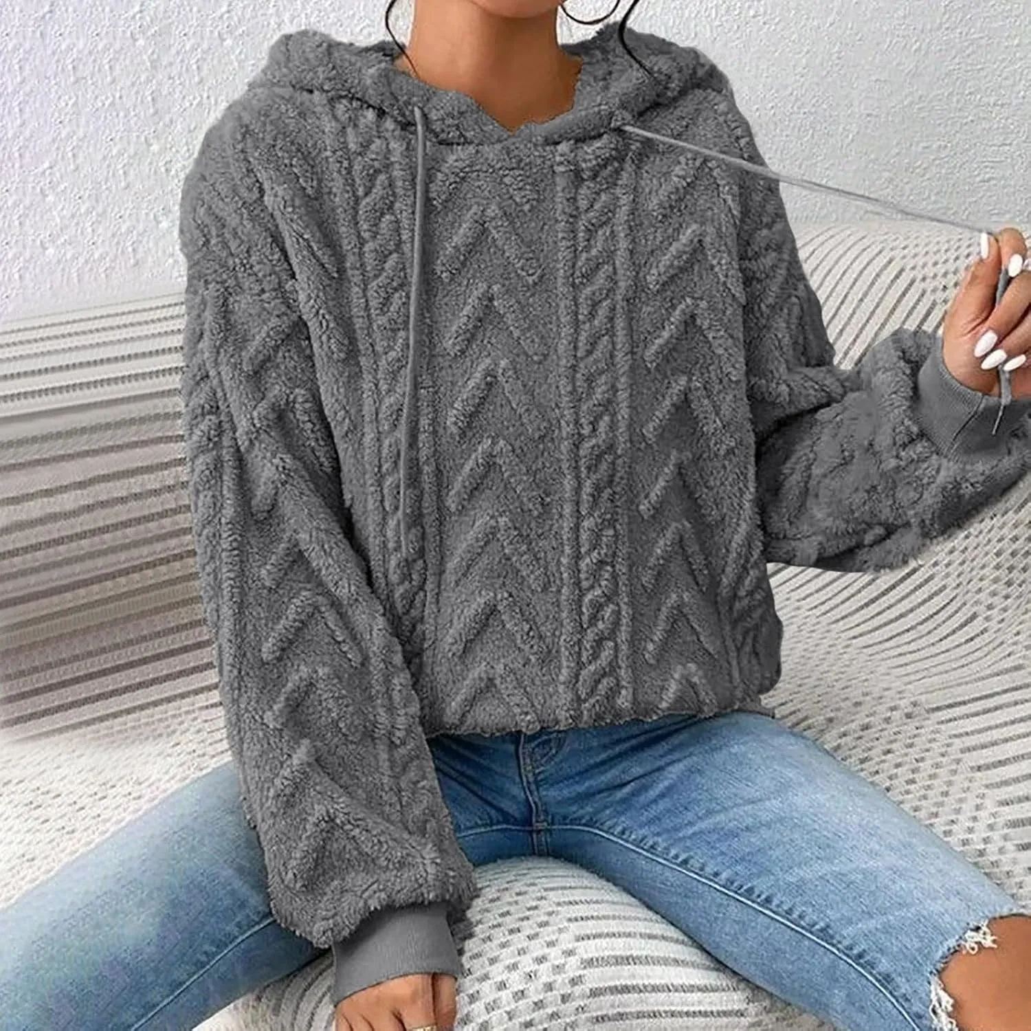 Oversized Hoodie For Women, Cable Knit Fuzzy Pullover Sweatshirt, Fall Clothes