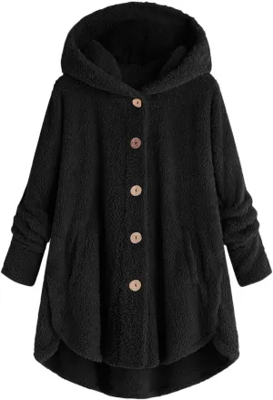 Oversized Sherpa Sweatshirt Fuzzy Fleece Soft Warm Pullover Sweater Button Hoodie Pocket Plush Coat