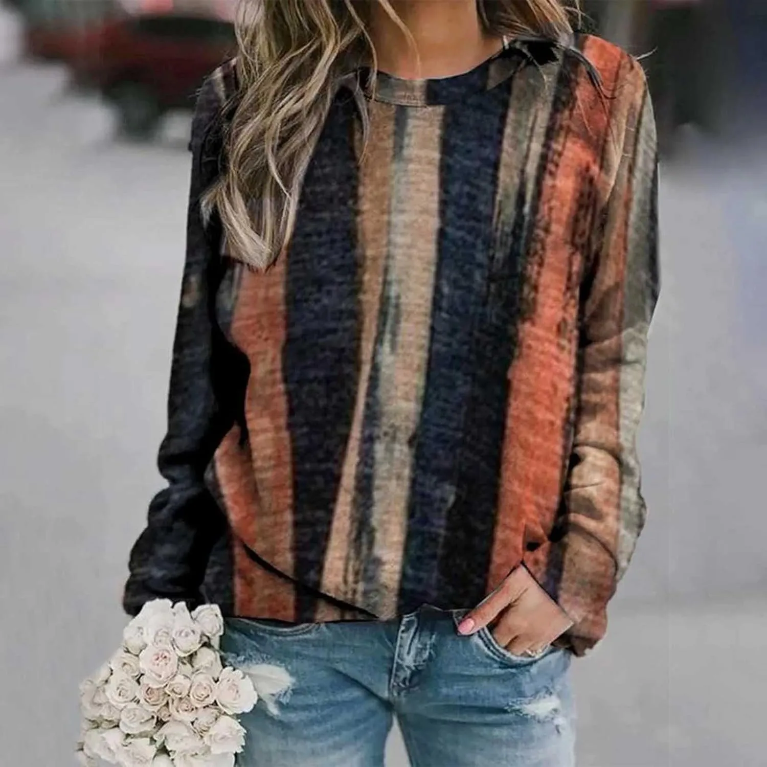 Oversized Sweatshirt for Women Crew Neck Floral Print Casual Loose Fit Pullover Tops Long Sleeve Fleece Sweater Blouse