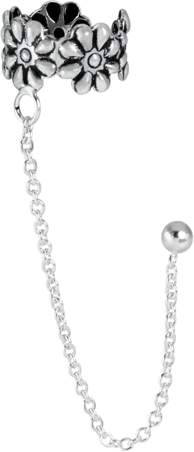 Oxidized 925 Sterling Silver Flower and Ball Stud Chain Ear Cuffs