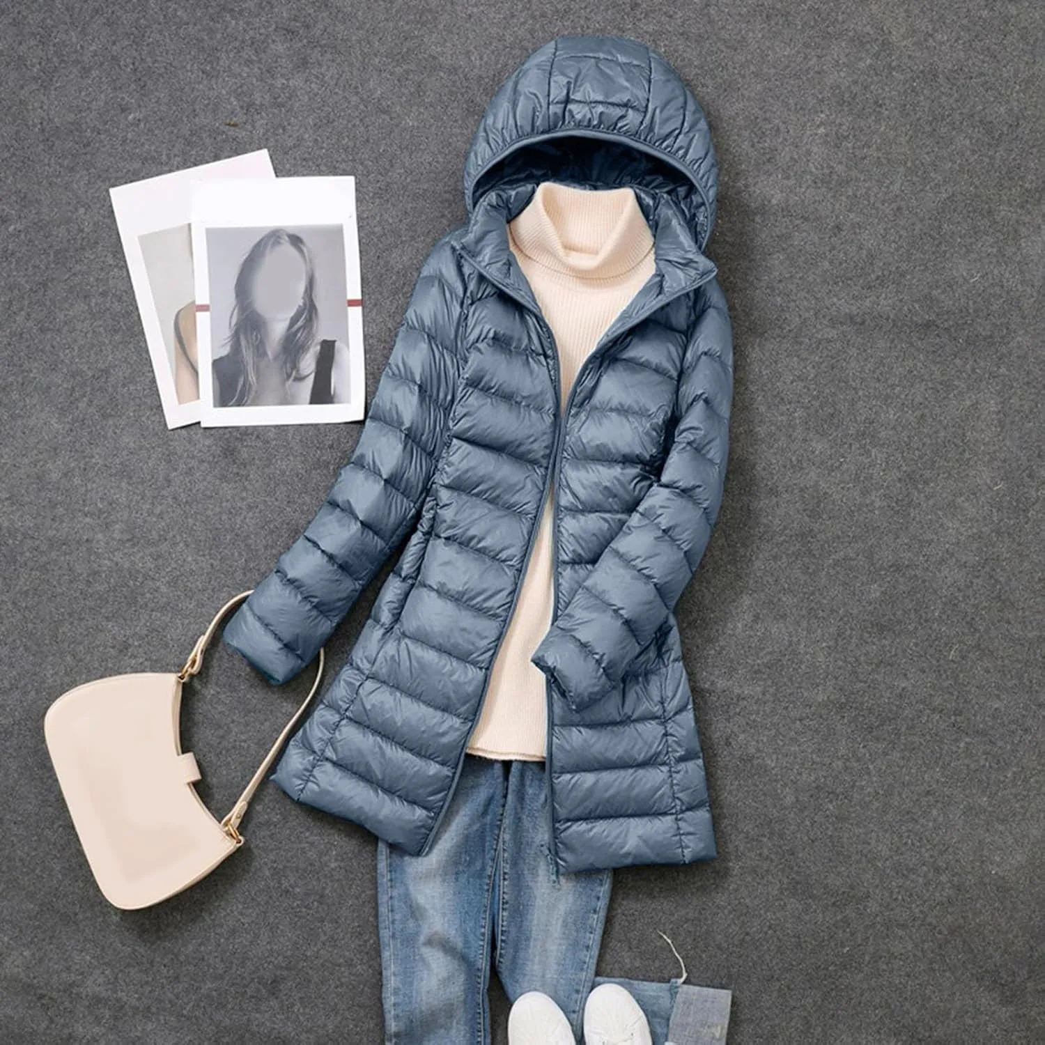 Packable Down Jackets for Women Winter Lightweight Hooded Quilted Jacket Slim Fit Full Zip Up Fashion Casual Coats