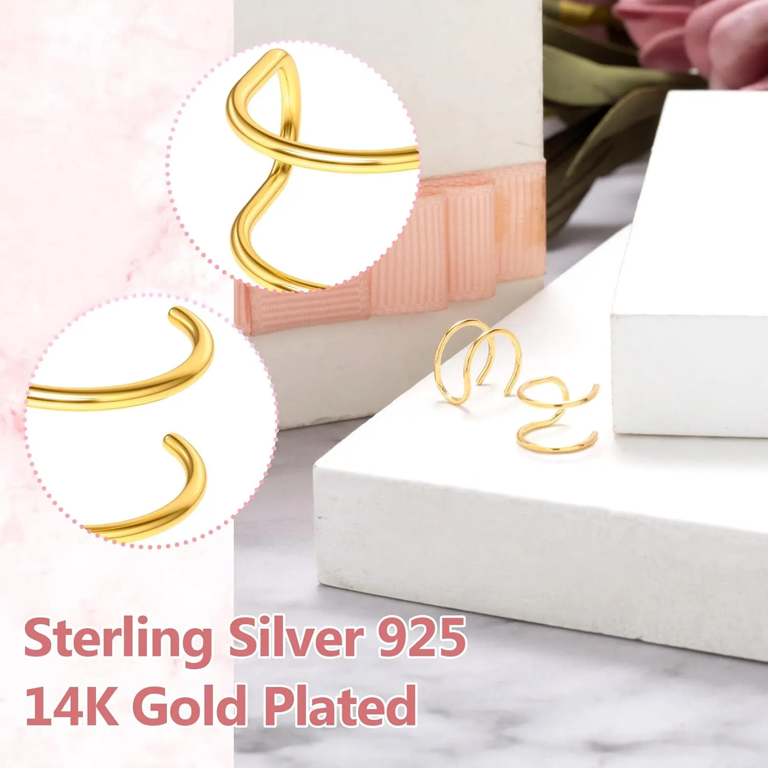 PAGOW Fake Helix Ear Cuff Cartilage Earring, No Piercing Sterling Silver 14K Gold Plated Simple Criss Cross Double Lines