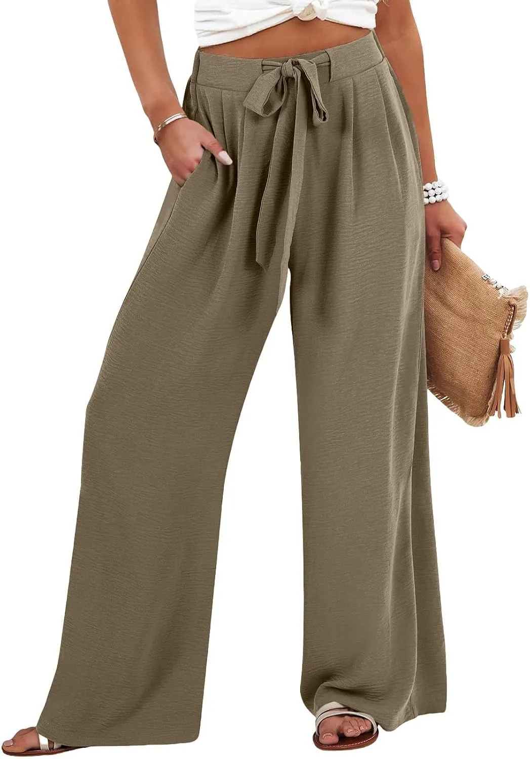 Palazzo Pants for Women Casual Drawstring High Waisted Summer Flowy Pants Breathable Wide Leg Trousers with Pockets
