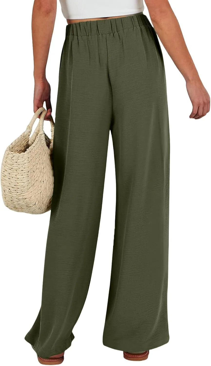 Palazzo Pants for Women Casual Drawstring High Waisted Summer Flowy Pants Breathable Wide Leg Trousers with Pockets