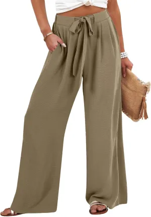 Palazzo Pants for Women Casual Drawstring High Waisted Summer Flowy Pants Breathable Wide Leg Trousers with Pockets