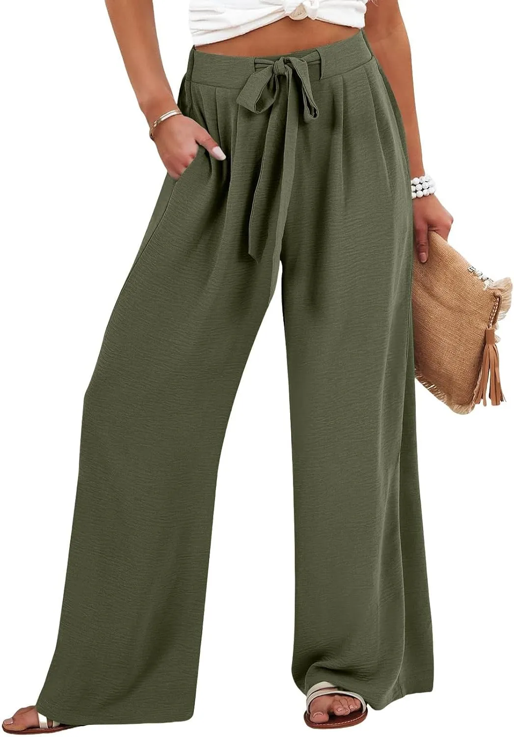 Palazzo Pants for Women Casual Drawstring High Waisted Summer Flowy Pants Breathable Wide Leg Trousers with Pockets