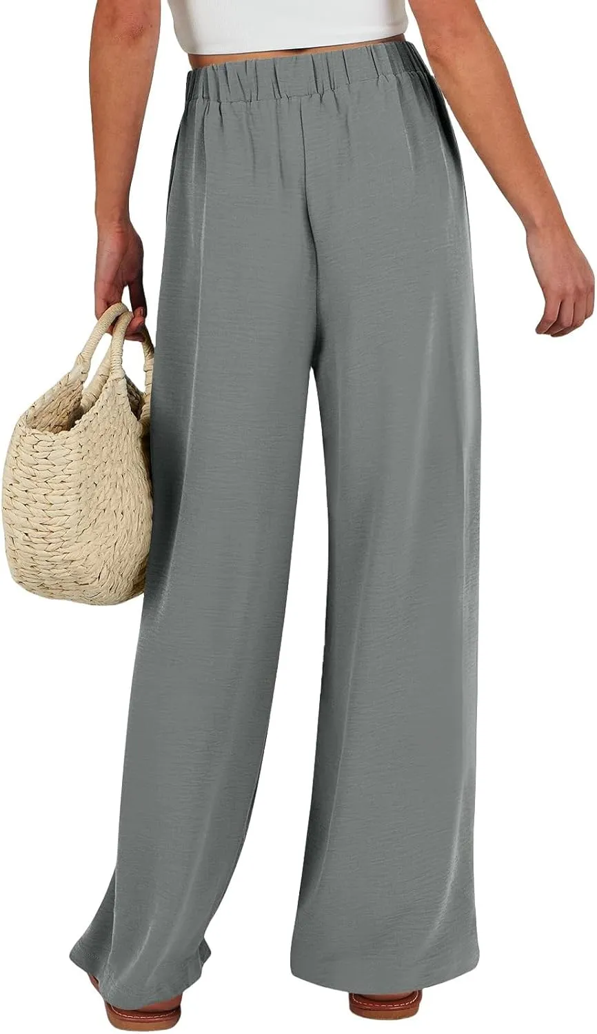 Palazzo Pants for Women Casual Drawstring High Waisted Summer Flowy Pants Breathable Wide Leg Trousers with Pockets