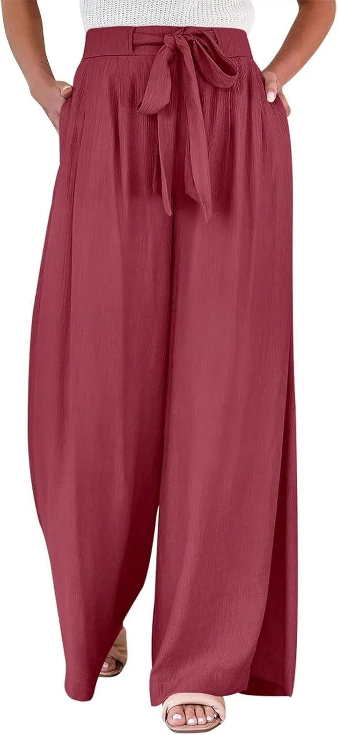 Palazzo Pants for Women Casual Drawstring High Waisted Summer Flowy Pants Breathable Wide Leg Trousers with Pockets
