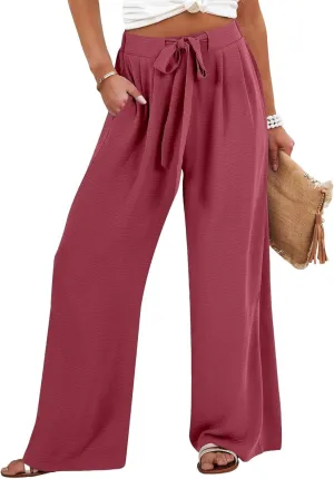Palazzo Pants for Women Casual Drawstring High Waisted Summer Flowy Pants Breathable Wide Leg Trousers with Pockets