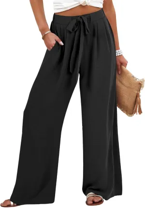 Palazzo Pants for Women Casual Drawstring High Waisted Summer Flowy Pants Breathable Wide Leg Trousers with Pockets