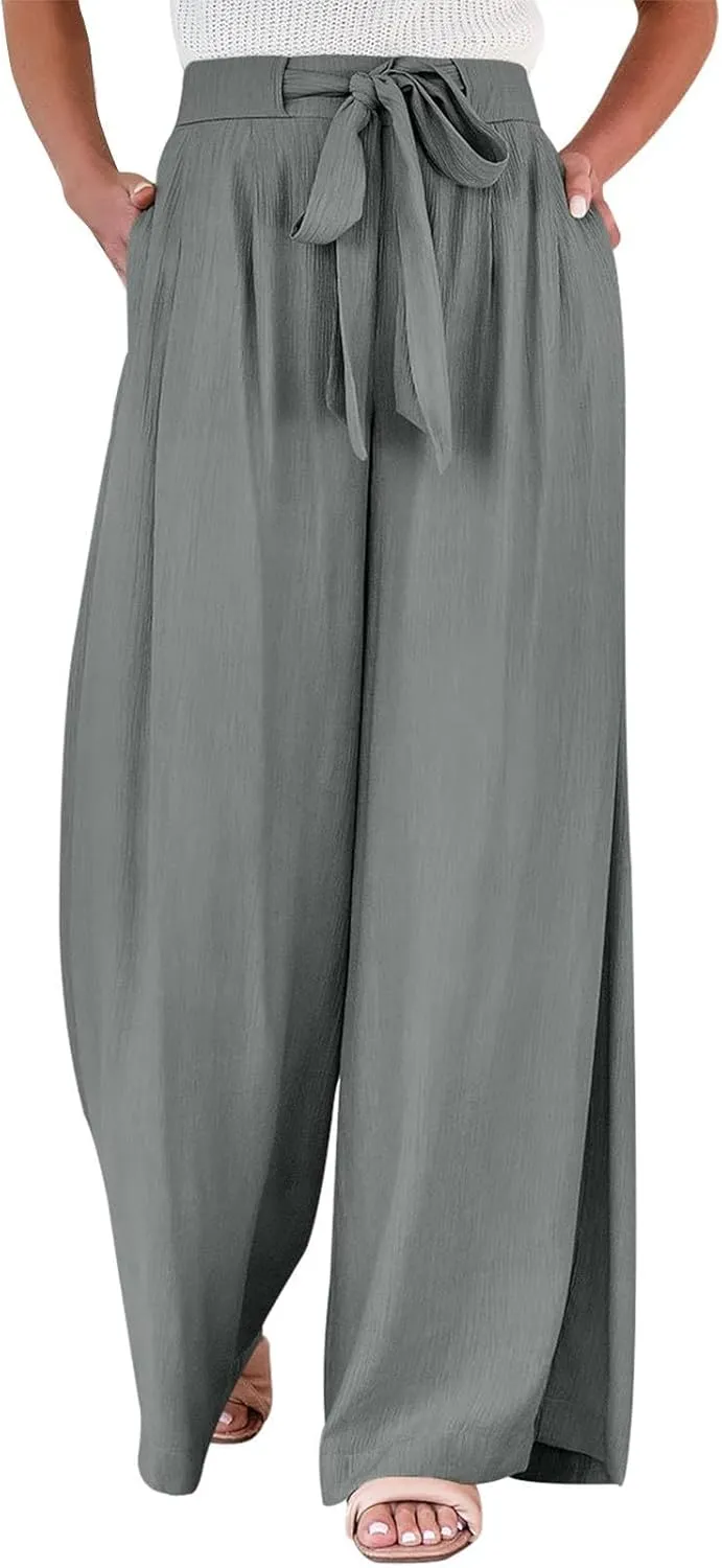Palazzo Pants for Women Casual Drawstring High Waisted Summer Flowy Pants Breathable Wide Leg Trousers with Pockets