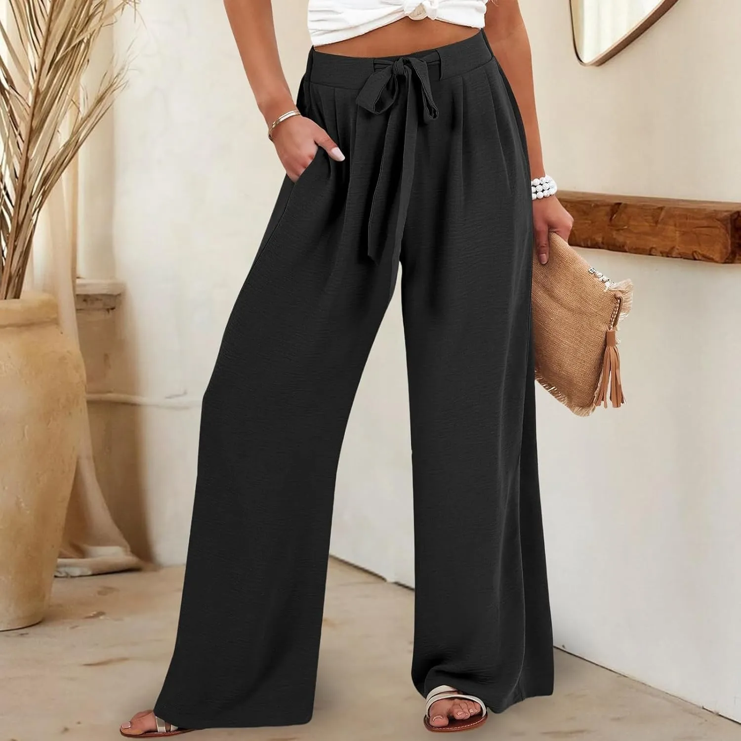 Palazzo Pants for Women Casual Drawstring High Waisted Summer Flowy Pants Breathable Wide Leg Trousers with Pockets