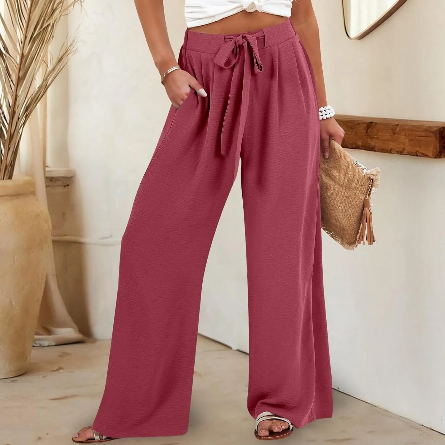 Palazzo Pants for Women Casual Drawstring High Waisted Summer Flowy Pants Breathable Wide Leg Trousers with Pockets