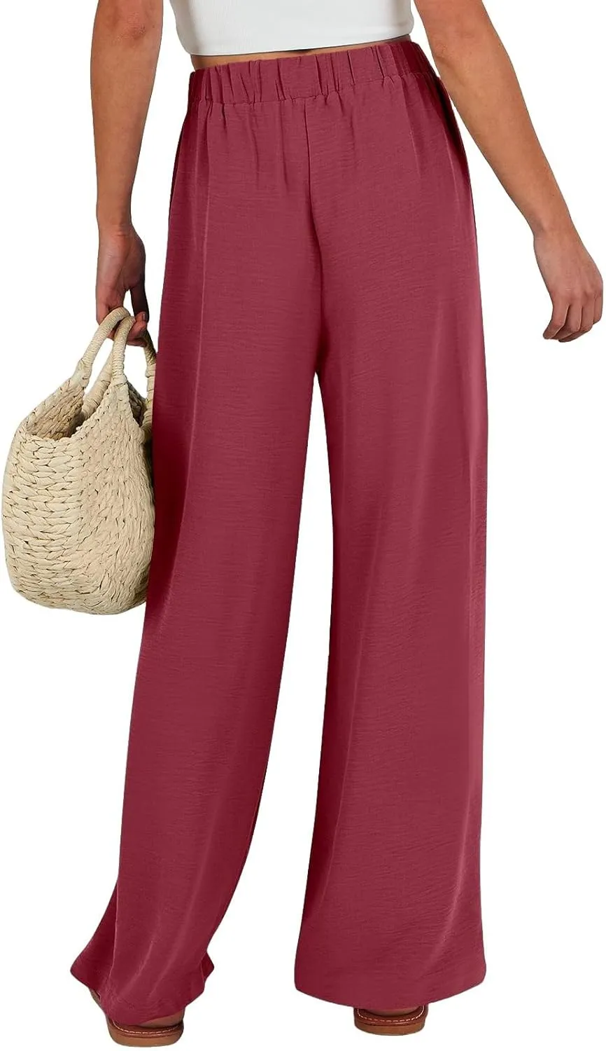 Palazzo Pants for Women Casual Drawstring High Waisted Summer Flowy Pants Breathable Wide Leg Trousers with Pockets