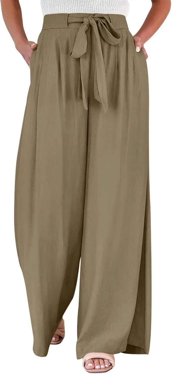 Palazzo Pants for Women Casual Drawstring High Waisted Summer Flowy Pants Breathable Wide Leg Trousers with Pockets