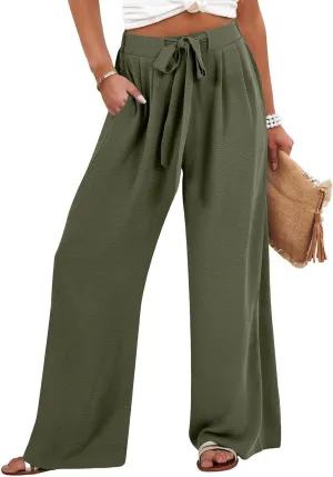 Palazzo Pants for Women Casual Drawstring High Waisted Summer Flowy Pants Breathable Wide Leg Trousers with Pockets