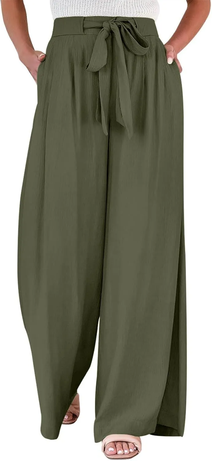 Palazzo Pants for Women Casual Drawstring High Waisted Summer Flowy Pants Breathable Wide Leg Trousers with Pockets