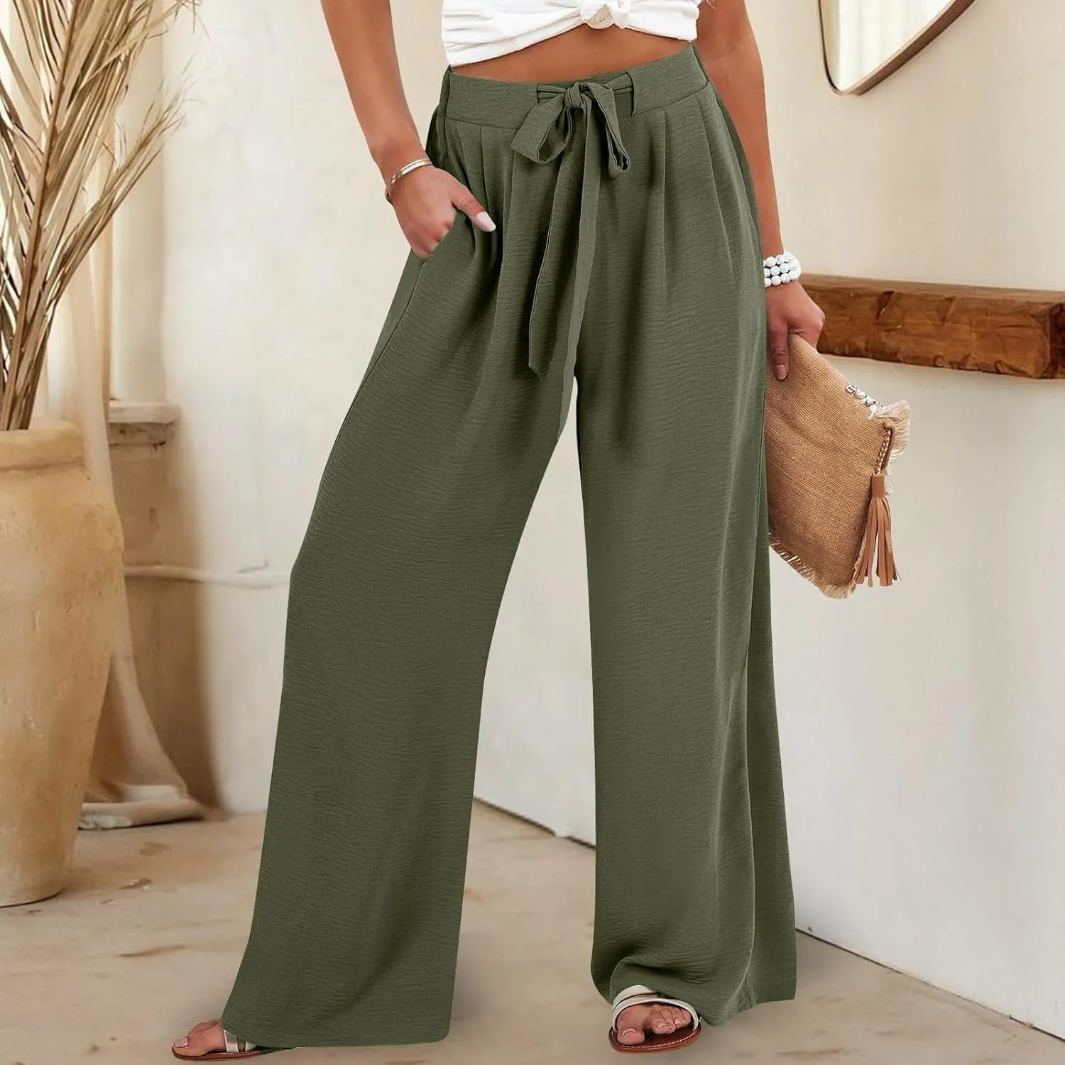 Palazzo Pants for Women Casual Drawstring High Waisted Summer Flowy Pants Breathable Wide Leg Trousers with Pockets