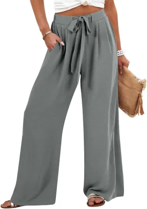Palazzo Pants for Women Casual Drawstring High Waisted Summer Flowy Pants Breathable Wide Leg Trousers with Pockets