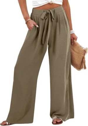 Palazzo Pants for Women Casual Drawstring High Waisted Summer Flowy Pants Breathable Wide Leg Trousers with Pockets